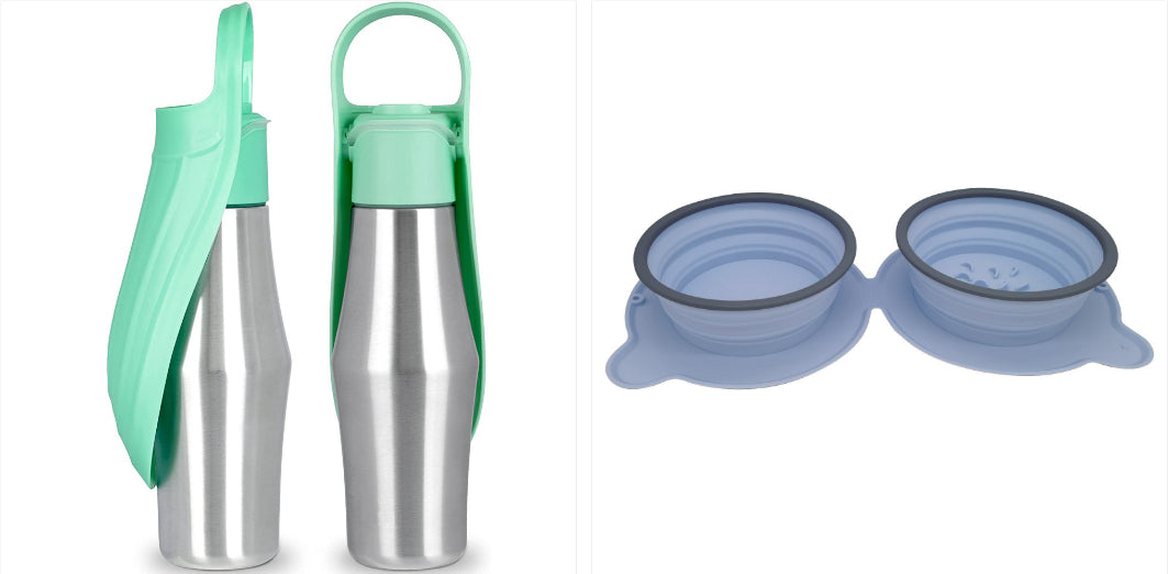 Portable pet dog water bottle set with soft silicone leaf bowls, mint and light blue