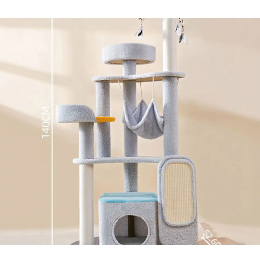 Large cat scratching and climbing platform with light-blue perches, hanging hammock, and tunnel cubby