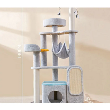 Large cat scratching and climbing platform with light-blue perches, hanging hammock, and tunnel cubby