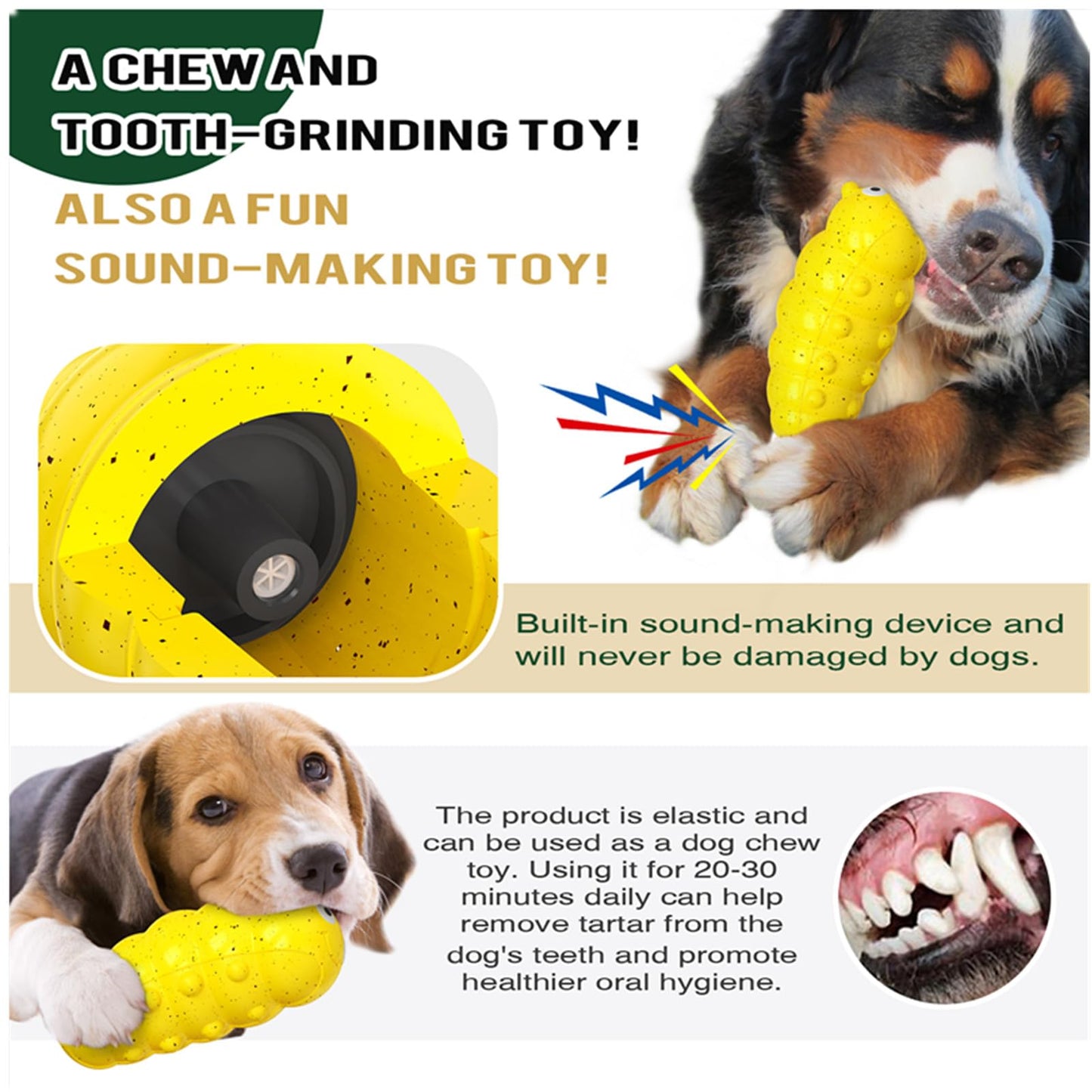 Yellow ribbed caterpillar-shaped squeaky dog chew toy with cartoon face.