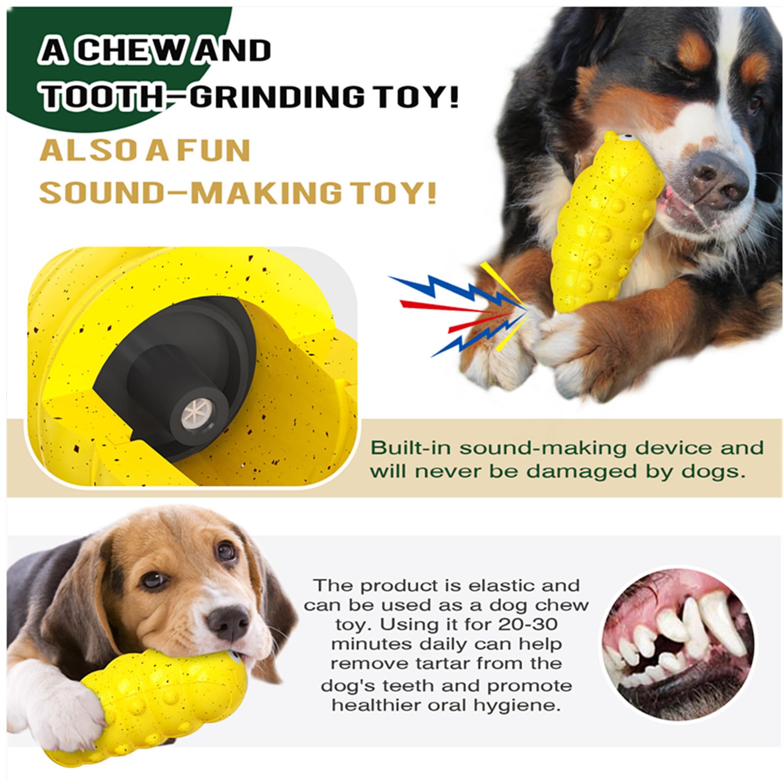 Yellow ribbed caterpillar-shaped squeaky dog chew toy with cartoon face.