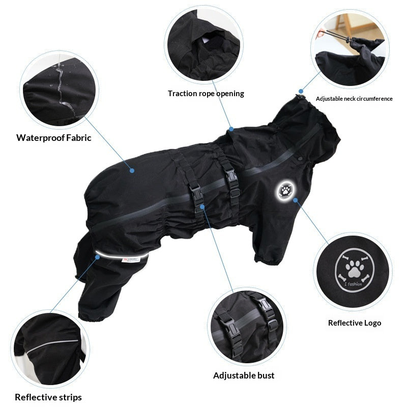 Black waterproof dog raincoat with reflective strips, adjustable neck and chest straps