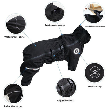 Black waterproof dog raincoat with reflective strips, adjustable neck and chest straps