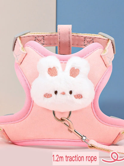 Pink rabbit pet harness with white face detail and 1.2m traction rope