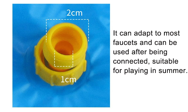 Yellow faucet connector on blue pet sprinkler pad with circular outlet