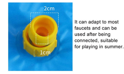 Yellow faucet connector on blue pet sprinkler pad with circular outlet