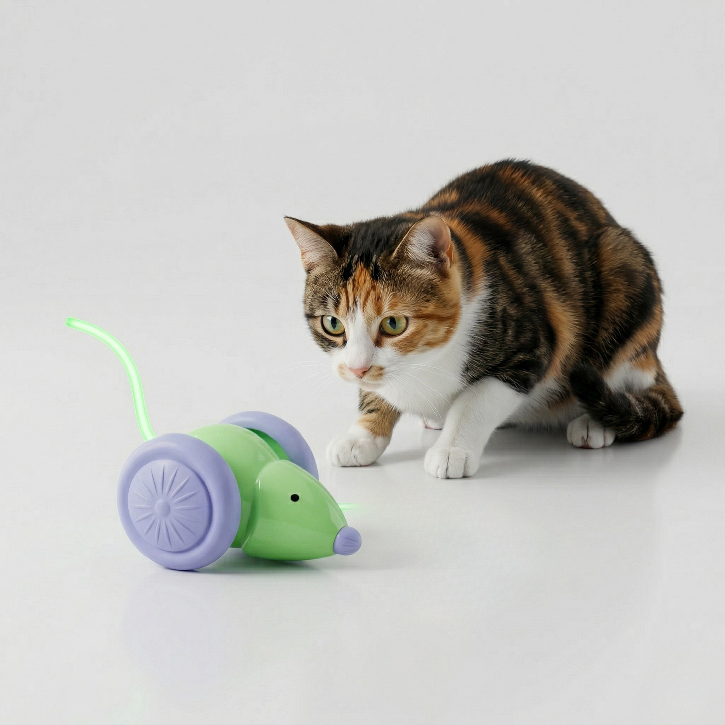 Green cat LED mouse toy with purple wheels and glowing light wand