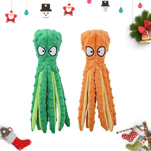 Octopus squeaky dog toy plush in green and orange with big cartoon eyes