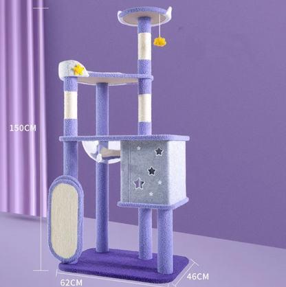 Large cat scratching and jumping platform with purple posts, oval scratching pad, and star box