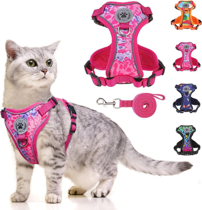Adjustable cat harness and leash in pink with paw print pattern and soft mesh