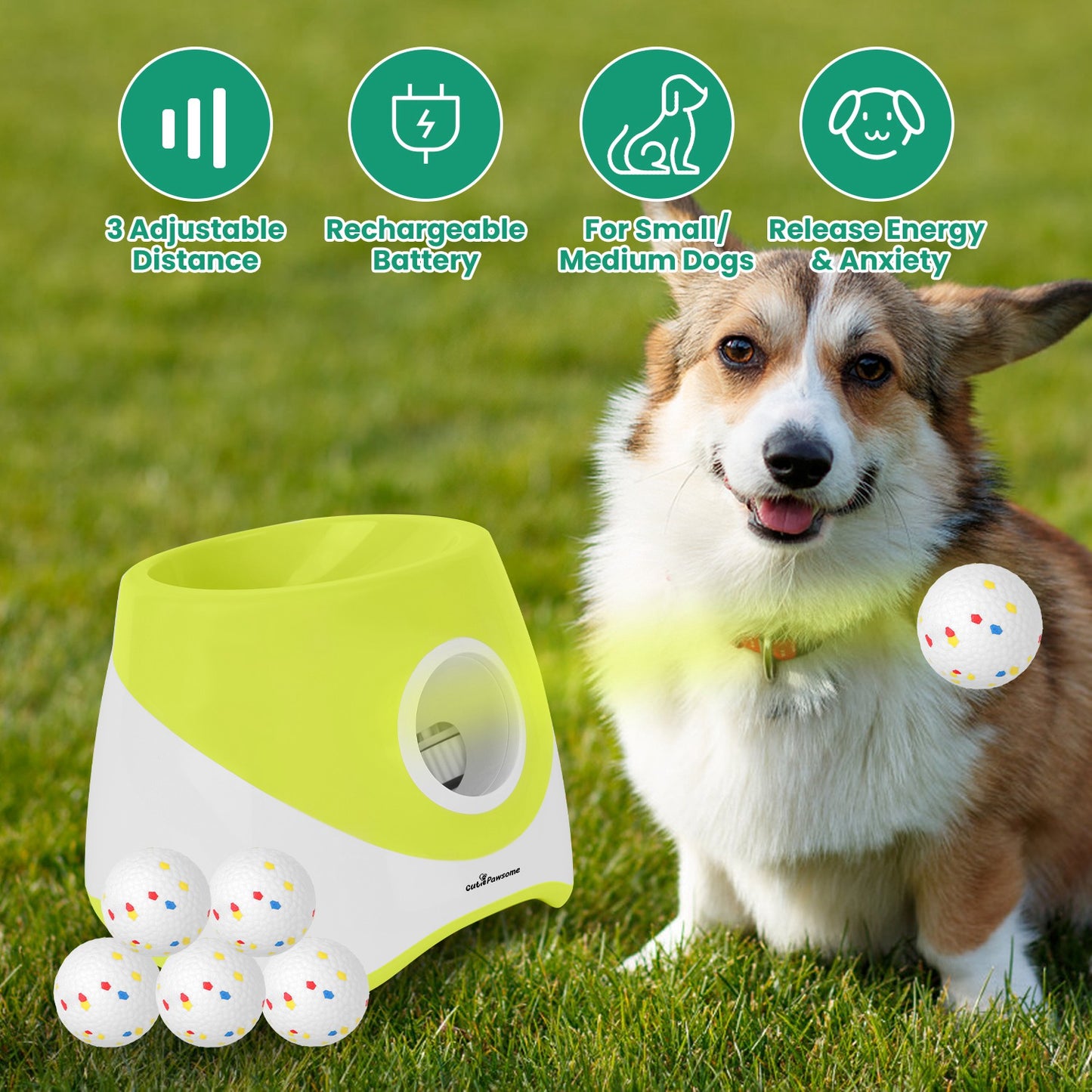 Green and white dog ball launcher on grass with speckled ball and standing dog