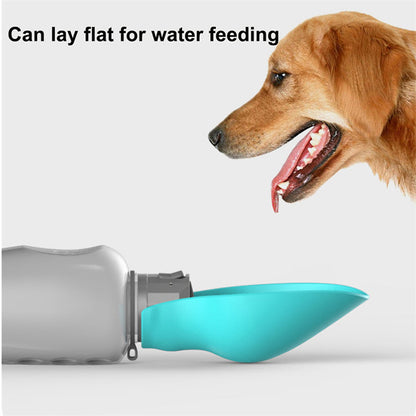 Portable dog water bottle with turquoise trough that flips out; can lay flat for feeding