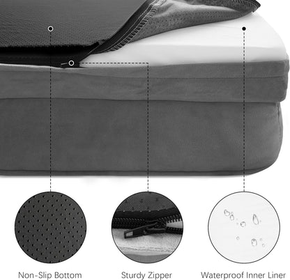 Gray dog bed close-up showing waterproof liner, zipper, and non-slip bottom