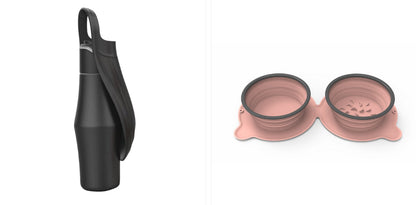 Portable pet dog water bottle set with soft silicone leaf bowls, black and peach-pink