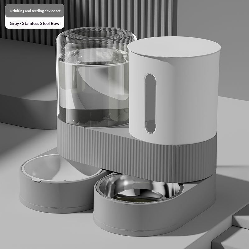 Automatic pet water and food dispenser with stainless steel bowl, gray base and white bin