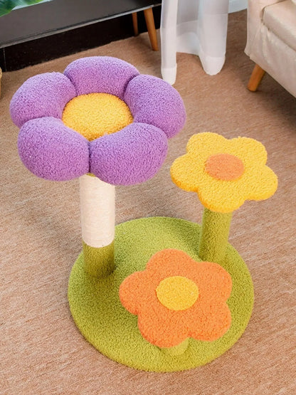 Purple plush flower perch on a pole with green circular base and yellow flower platform