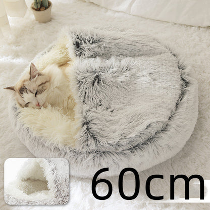 Grey plush pet bed for cats and dogs, round, 60cm, shag outer cover
