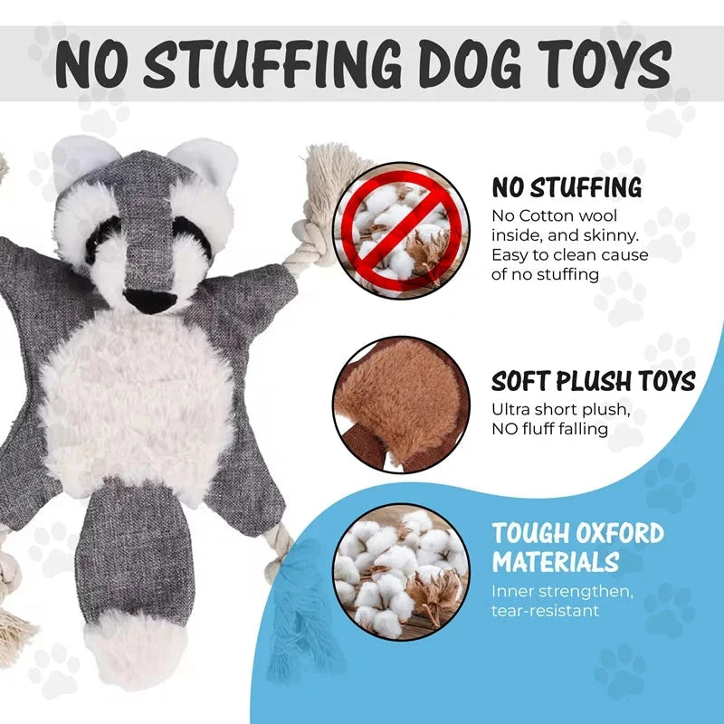 No stuffing dog toy raccoon plush with tough oxford fabric, soft short pile, and rope handles for safe chewing