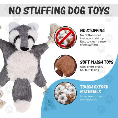 No stuffing dog toy raccoon plush with tough oxford fabric, soft short pile, and rope handles for safe chewing