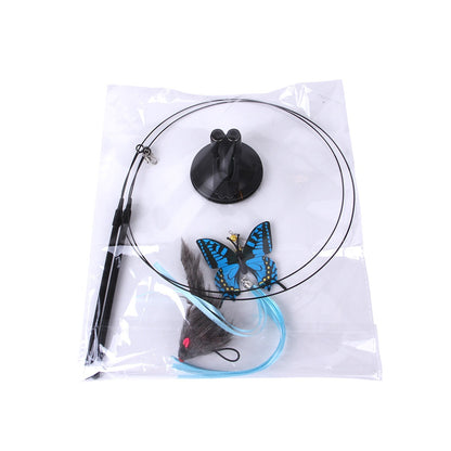 Cat sucker teaser toy set: suction wand with butterfly feather and gray plush mouse