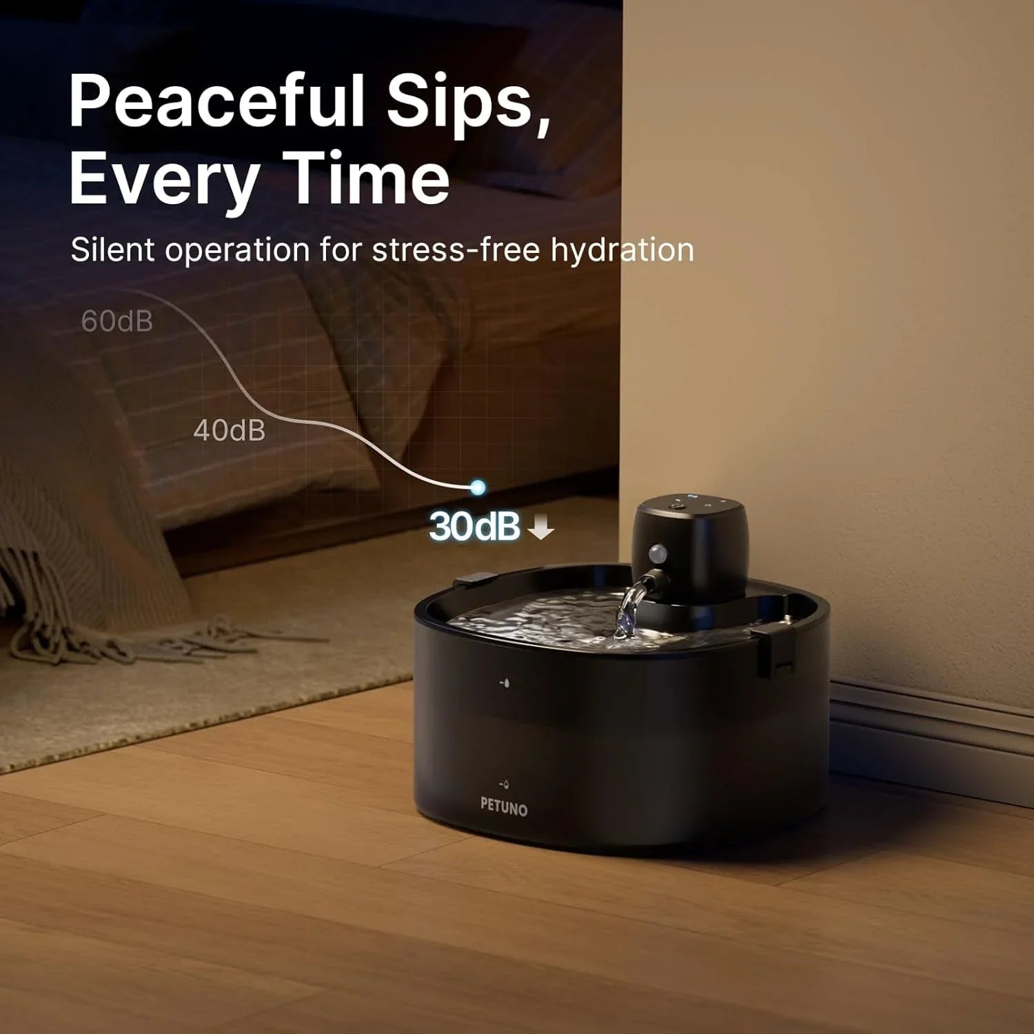 Quiet black PETUNO cat water fountain with 30dB silent operation for stress-free pet hydration on hardwood floor