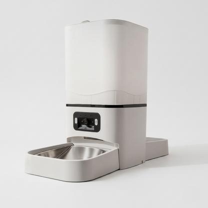 White automatic pet feeder with open base bowl and front camera window