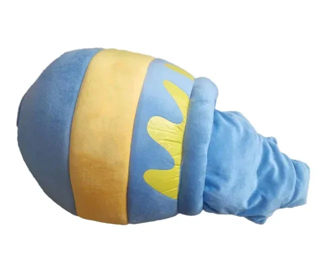 Blue and yellow plush dog toy with crinkle texture for interactive play and chewing