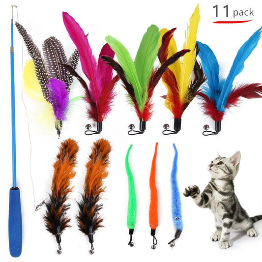 Cat feather teaser wand toy set, 11 pack with colorful feather toys and wand handles