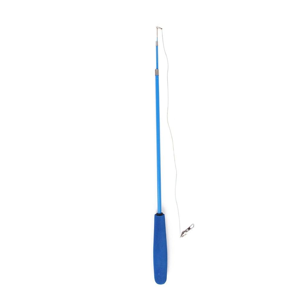 Blue cat feather teaser wand with fabric sleeve and hanging string