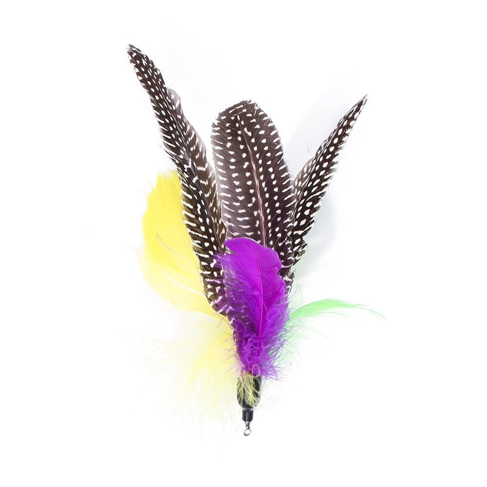 Cat feather teaser wand with purple and yellow feathers with speckled wings