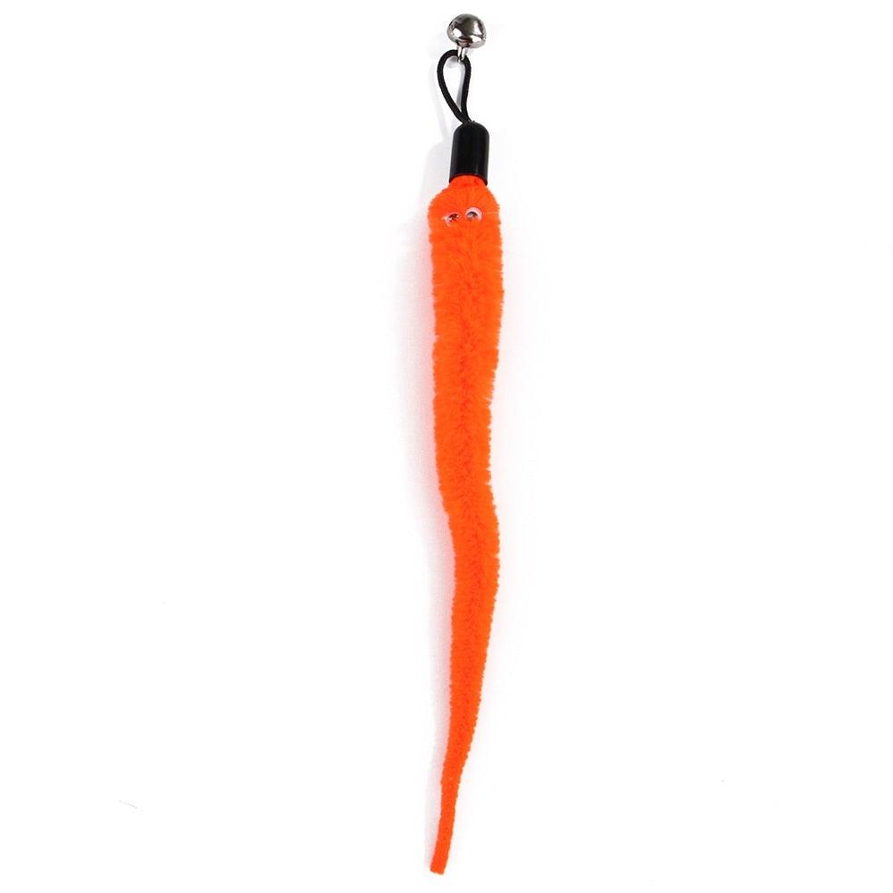 Orange cat feather teaser wand with black clip and silver swivel loop