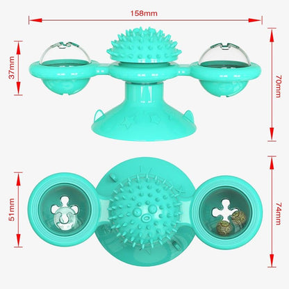 Cat windmill toy size diagram with teal spiky pad and two side rotating cups
