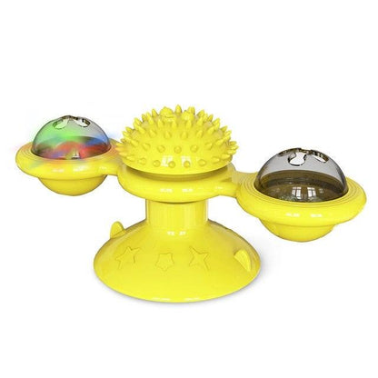 Cat windmill toy in yellow with spiky massage top and two rotating domed side cups