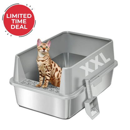 XXL 304 stainless steel cat litter box with gray litter mat and scoop, tabby cat inside