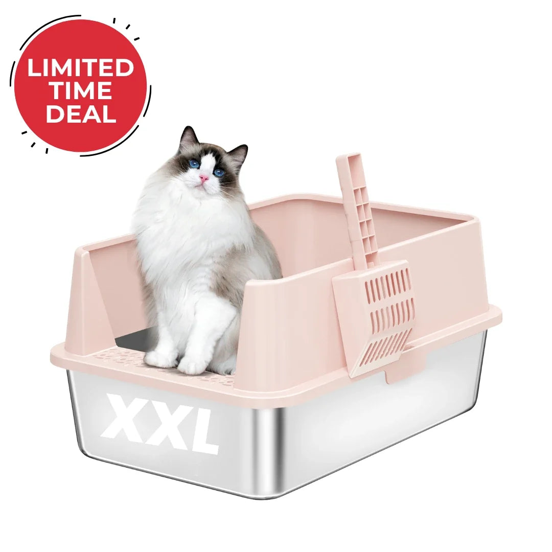 Pink plastic XXL cat litter box with steel base and side ramp opening