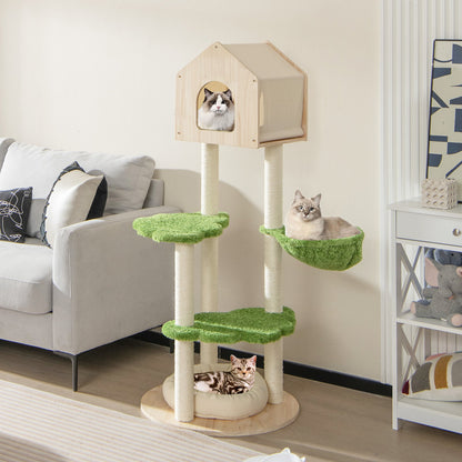 55-inch tall cat climbing stand with green sisal platforms, house top, and cushioned bed