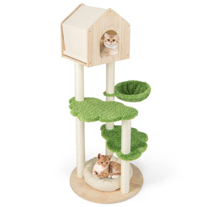 55-inch tall cat climbing stand with green sisal scratch pads, house shelter, and plush bed