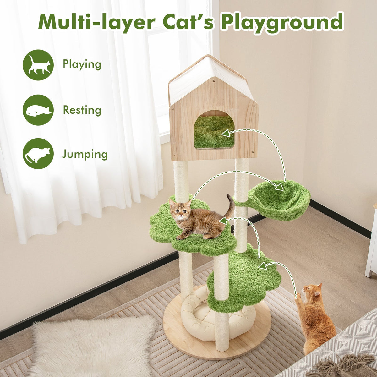 55-inch tall cat climbing stand with green perches, house shelter, and cushioned cat bed