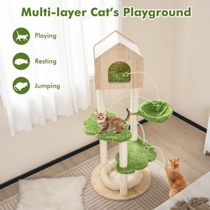 55-inch tall cat climbing stand with green perches, house shelter, and cushioned cat bed