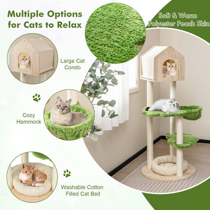 55-inch tall cat climbing stand with green hammock-style perch and plush, round cat bed