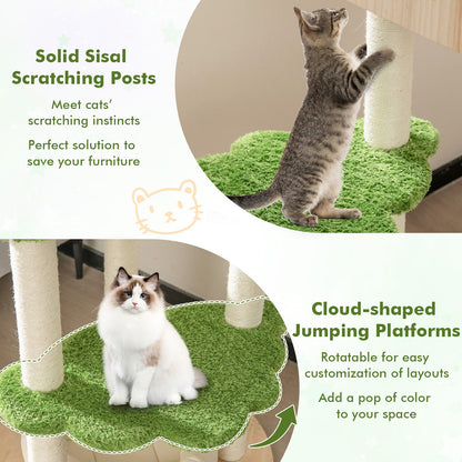 55-inch tall cat climbing stand with sisal scratching posts and cloud-shaped green platforms