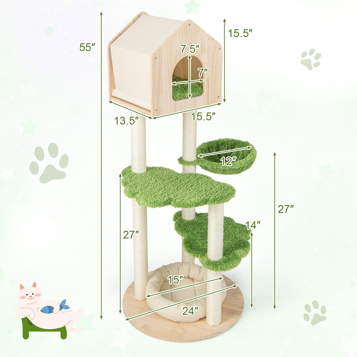 55-inch tall cat climbing stand with green sisal scratching posts and multi-level perches