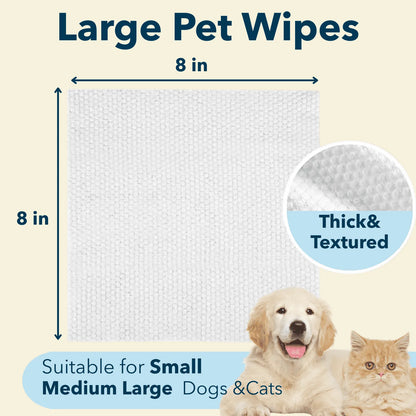 Large pet wipes sheet, thick textured surface, 8 in by 8 in size graphic