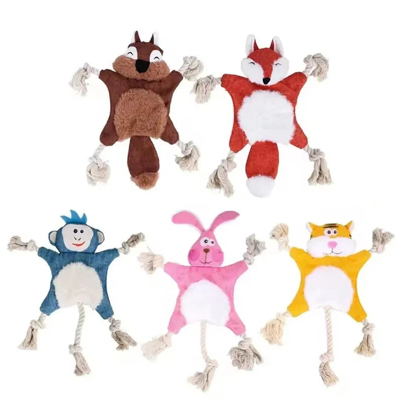 Cute plush animal dog toys with rope handles for tugging and chewing, perfect for playful pets