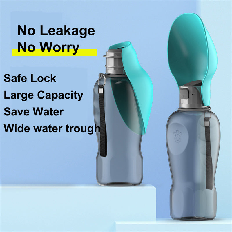 Portable dog water bottle with silver body, turquoise flip spout, and wide drinking trough
