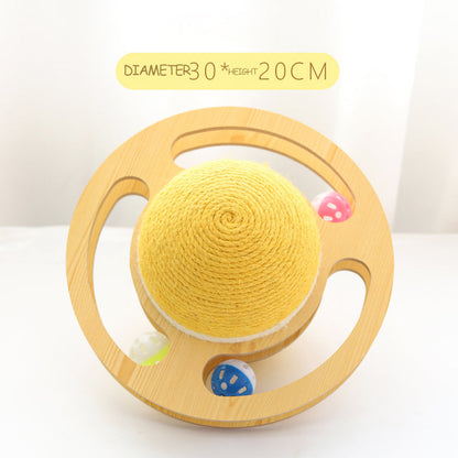 Yellow sisal rope ball cat scratcher with circular wooden track and colorful balls