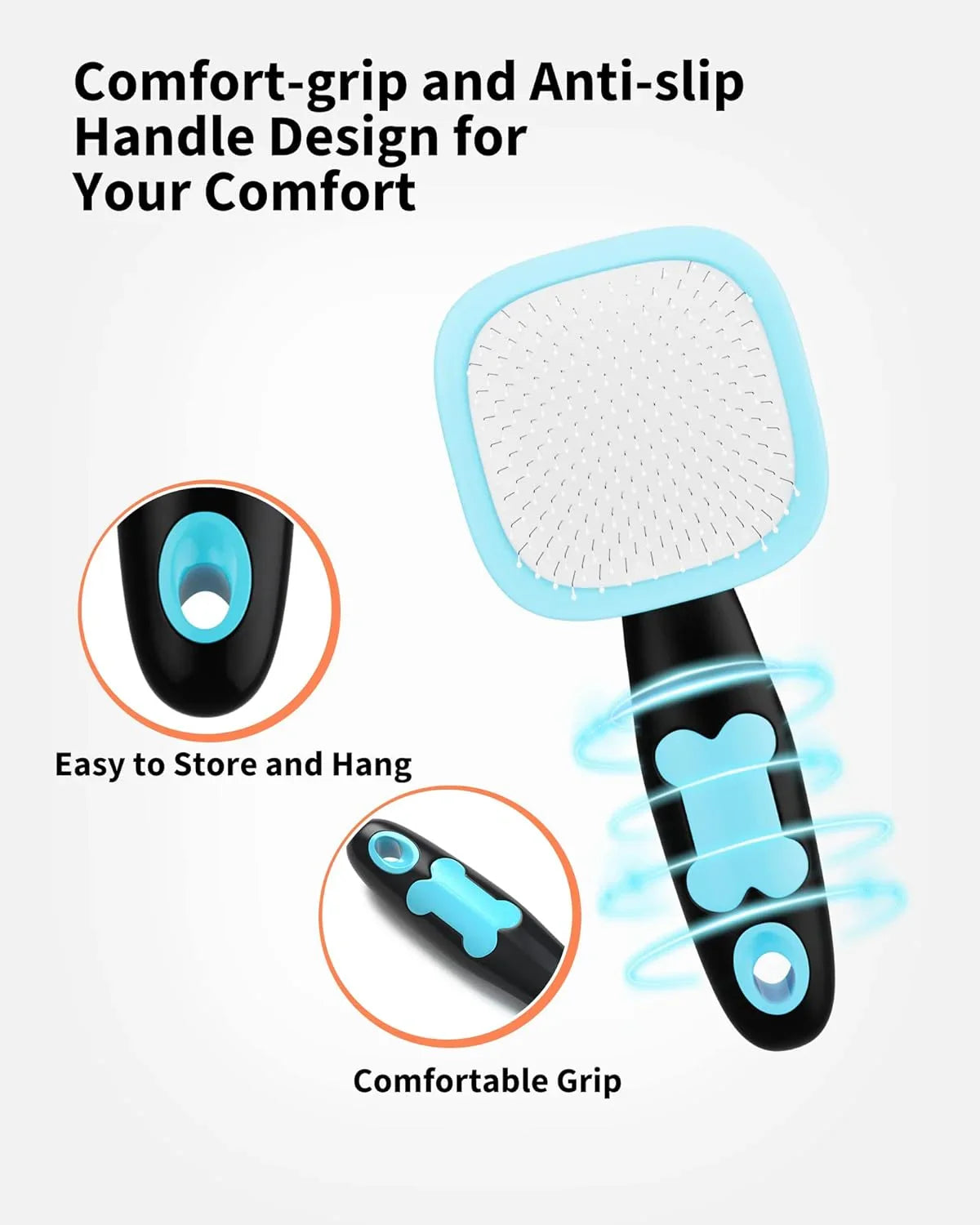 Blue anti-slip pet grooming brush with black handle and textured bristle pad