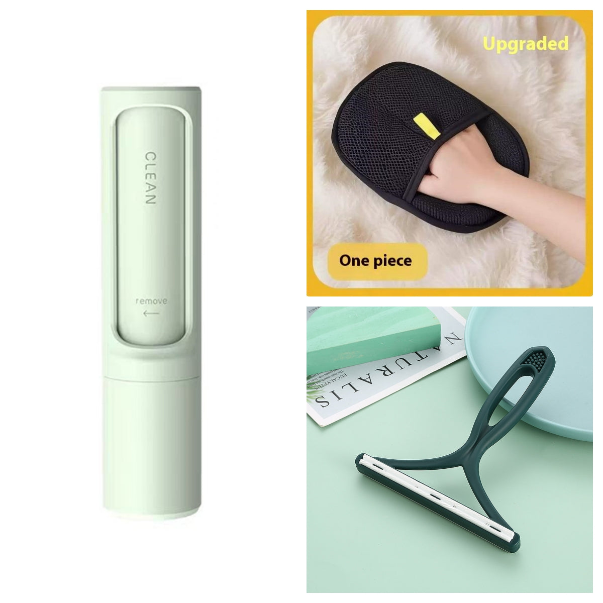 Light green 2-in-1 pet hair remover brush and lint roller, upright cylinder