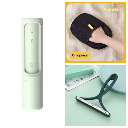 Light green 2-in-1 pet hair remover brush and lint roller, upright cylinder