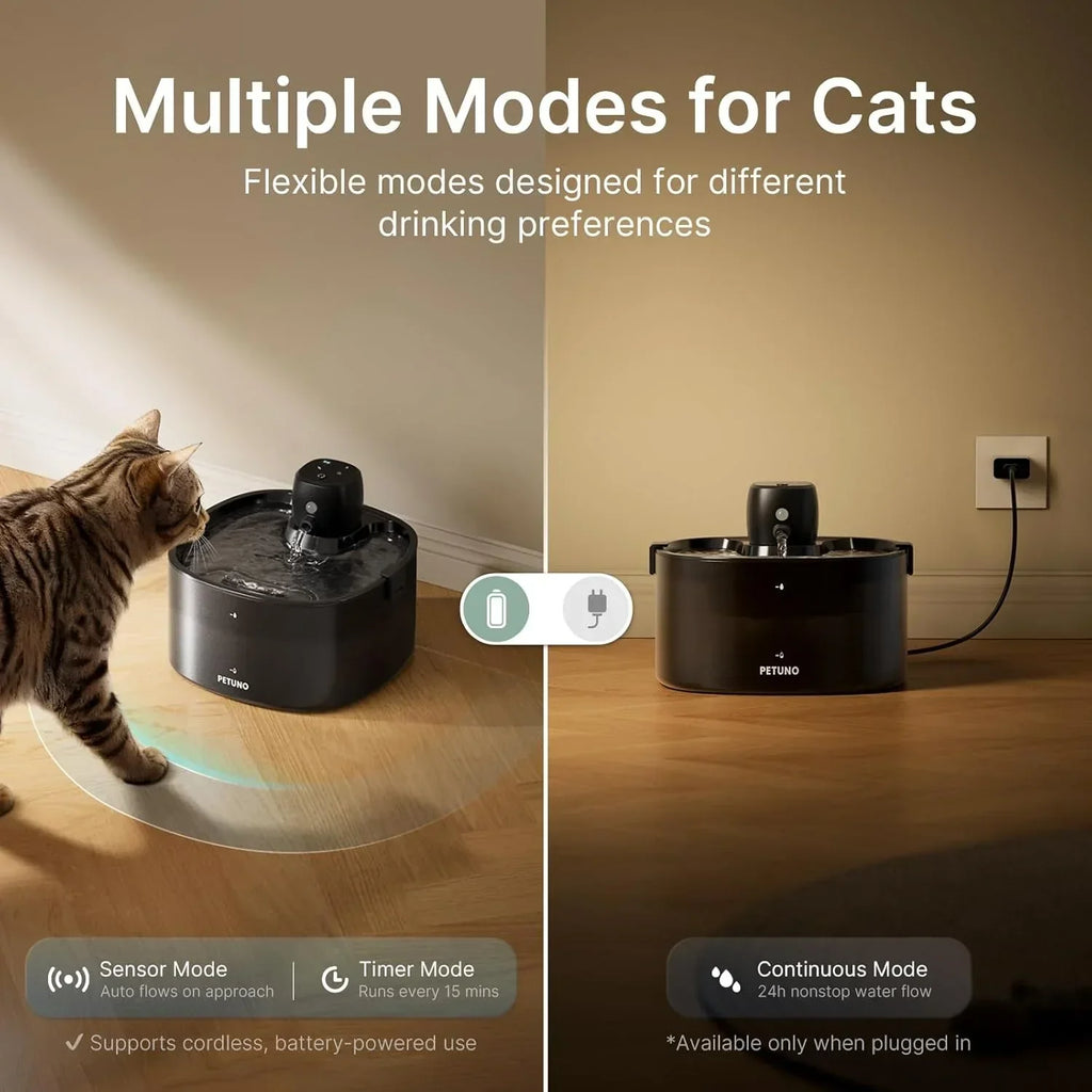 Cat using PETUNO water fountain with sensor, timer, and continuous modes for flexible hydration